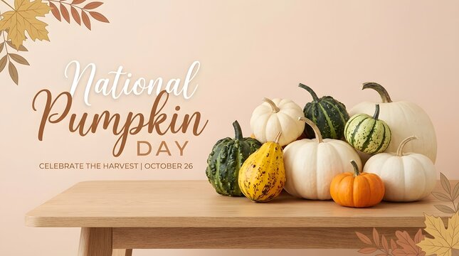 National Pumpkin Day banner with assorted pumpkins on a wooden table