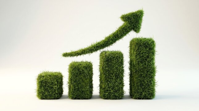 Green grass covered bar chart with a rising trend arrow illustrating sustainable economic growth and successful environmental business investment strategy