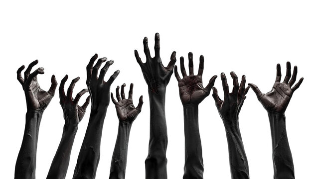 Scary dark zombie hands reaching up isolated on transparent background
