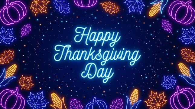 Happy Thanksgiving Day neon glowing banner with autumn elements background