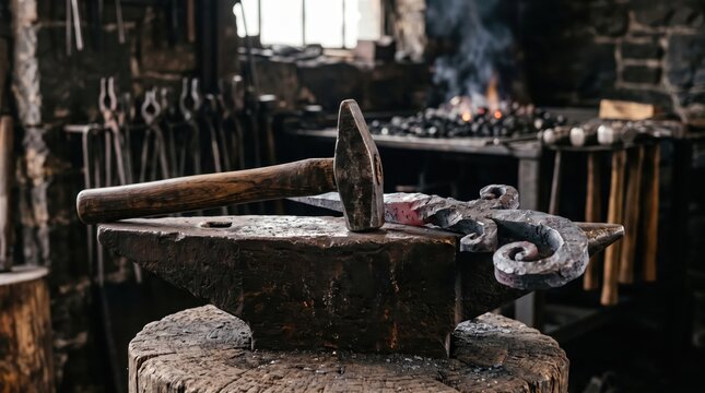 Traditional blacksmith hammer resting on anvil with forged iron detail inside authentic dark workshop. Concept of shaped, forge, metalworking, ironwork. Copy space.