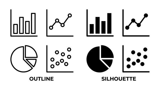 Chart Collection: A variety of graphic charts including bar charts, line graphs, scatter plots, and pie charts presented in both outline and silhouette styles, illustrating data visualization options.