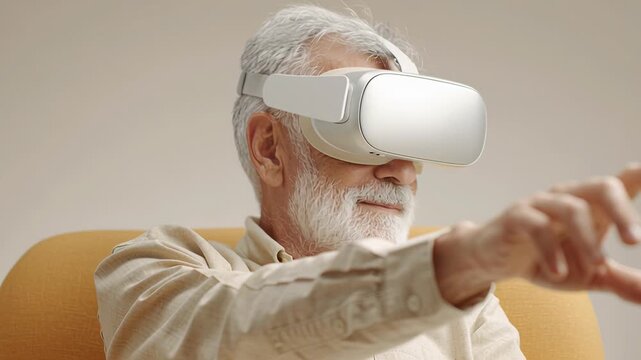 Elderly man engaging with virtual reality headset in a modern living room setting