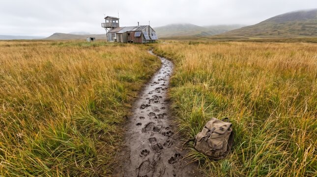 Worn trail with muddy footsteps leads across grass field to remote research station in misty mountain landscape. Concept of muddy path, worn path, backpack. Copy space.