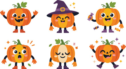 Naklejka premium Cute Halloween Pumpkin Characters in Witch Hat and Festive Costume Flat Vector Illustration