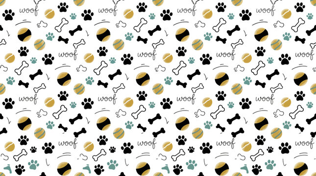 Seamless pattern with hand drawn dog paw prints, bones, tennis balls and woof text on white background, perfect for pet shop branding, textile design and animal themed wallpaper