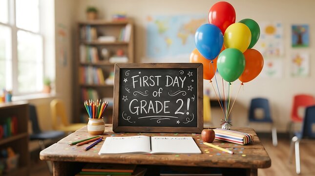 First day of grade two chalkboard sign with colorful balloons on school desk