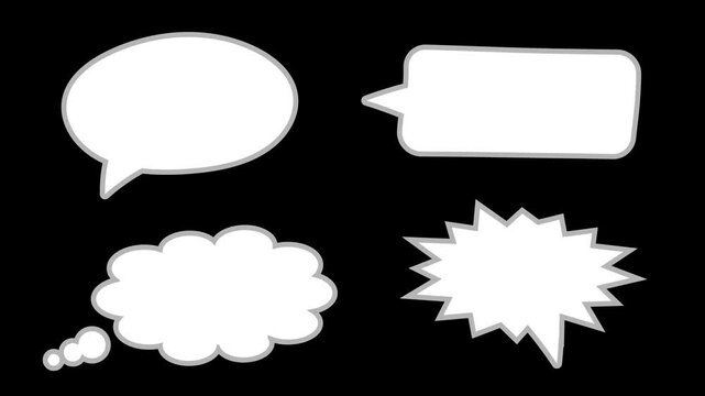 Comic speech bubble pop up animation on black background, four blank manga balloons appear one by one and stay still, 4K motion graphic overlay with copy space