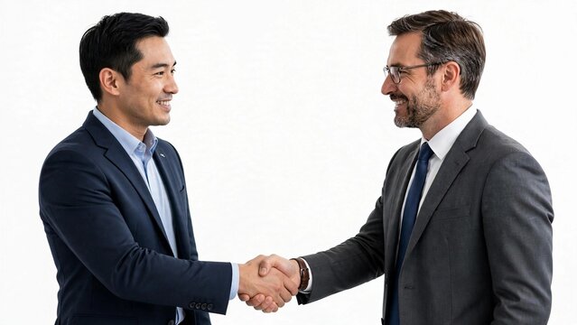 Diverse male business partners shaking hands after successful negotiation in professional suits.