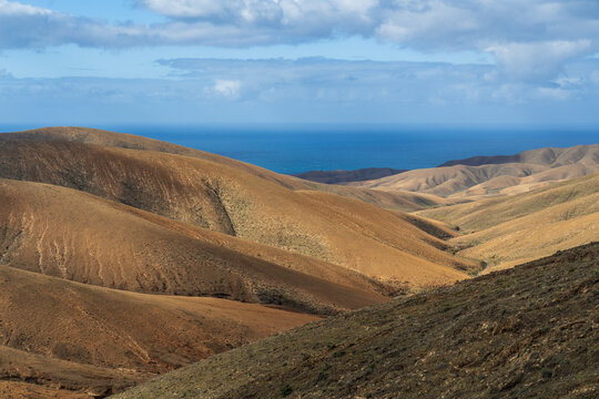 View of the arid volcanic hills and rolling landscape of Fuerteventura overlooking the blue Atlantic Ocean in Pajara, Canary Islands, Spain.