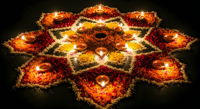 Beautiful glowing oil lamps arranged in a star pattern for the diwali festival celebration