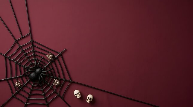 A dark red background featuring a decorative spider web and small skulls for a spooky halloween celebration theme