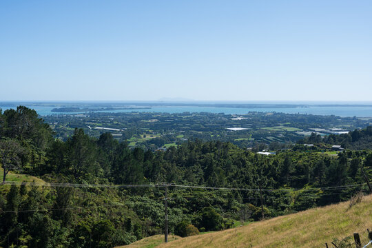 Ōmokoroa hillside overlooking coastal farmland and bay