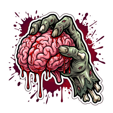 Creepy Zombie Hand Holding Dripping Bloody Human Brain Vector Illustration - Halloween Undead Brain Sticker Isolated