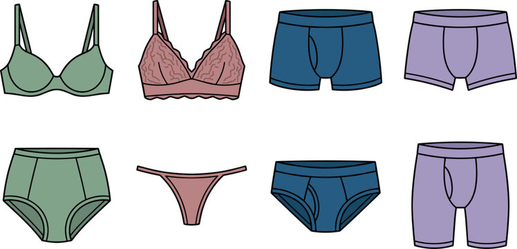 Men and Women Underwear Vector Set with Bra Lace Bralette Panties Thong Boxer Briefs Trunks and Underpants Graphic Illustration Icons