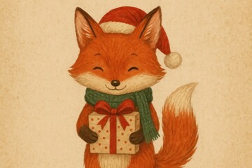 Fototapeta premium Festive fox with gift illustration background