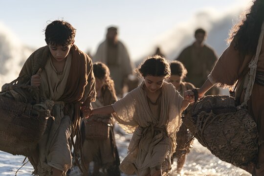 Group of children and adults walking along a rocky shoreline at sunset