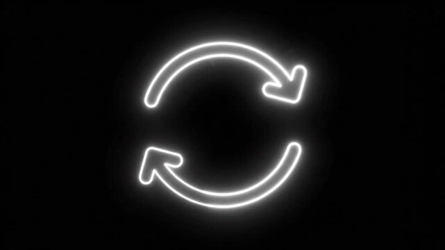 Glowing white neon refresh icon, rotating circular sync arrows on black background, futuristic loading animation loop