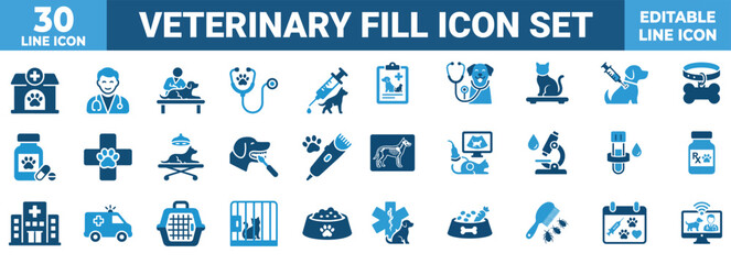 Naklejka premium Veterinary Fill Icon Set – Pet Care, Animal Health, Clinic, Vaccination, Medicine, Surgery, Grooming, Diagnosis and Veterinary Healthcare