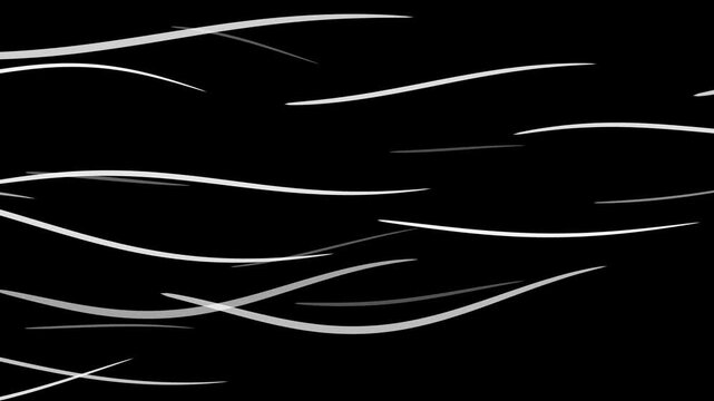 Anime wind lines animation seamless loop on black background, white flowing curved 2D cel style air streams, 4K motion graphic overlay