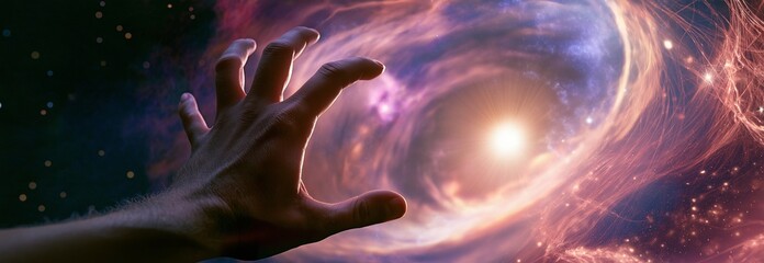 Obraz premium A hand extended toward a brightly illuminated, whirling cosmic nebula