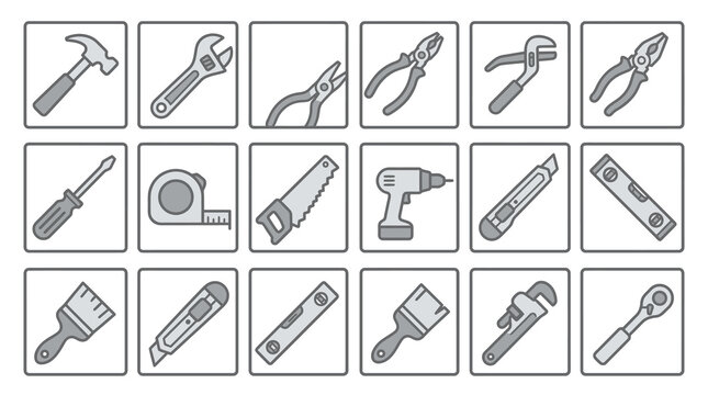 Modern Minimalist Line Drawing Set of 20 Essential Gray Hand Tools and Equipment Icons for Web Design Apps or Presentations