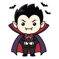 Cute Little Girl Holding a Rose, Adorable Cartoon Vampire Child Character in Halloween Style, Colorful Vector Illustration for Kids, Fantasy Holiday Design © AshrafulIslam