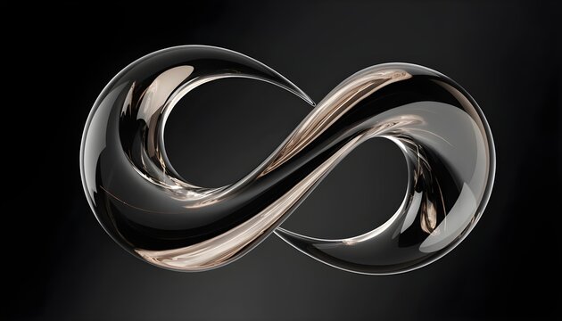 3D abstract clear liquid glass infinity symbol Mobius loop smooth glossy metallic chrome reflection dark background futuristic luxury wallpaper design generative ai