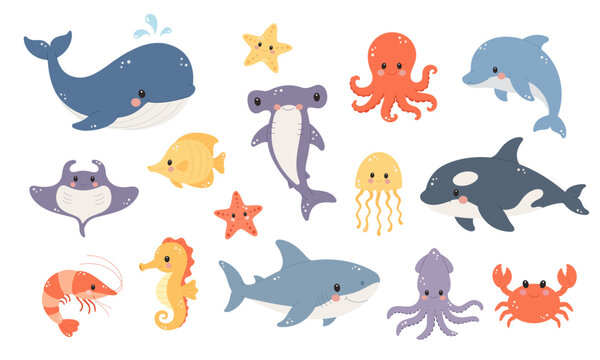 Set of flat vector illustrations on the theme of marine inhabitants. Cute whale, starfish, octopus, dolphin, stingray, fish, jellyfish, orca, shrimp, seahorse, shark, squid and crab.