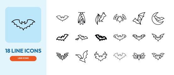 Fototapeta premium Bat line icons collection contains various flying mammal silhouettes for halloween design and spooky animal illustrations.