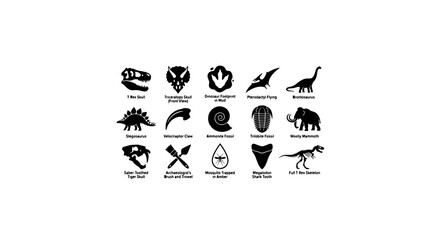 Dinosaur Icons Set, Prehistoric Fossil Symbols, Ancient Animal Silhouettes, Paleontology Vector Graphics © Saidul