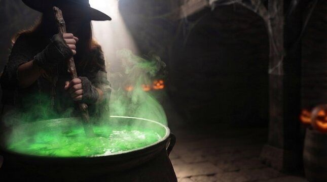 Witch stirring a glowing green magic potion in a cauldron inside a dark spooky dungeon