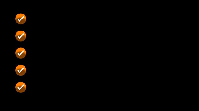 Orange, checkmark, bullet, points, animation, vertical, task, list, on, white, background, complete, success, indicator, achievement, symbol, business, progress, tracking, motion, graphic.
