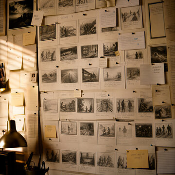 Detailed storyboard with hand-drawn sketches and sticky notes pinned to a wall. Pre-production planning and visual storytelling process in a film studio