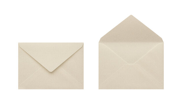 Cutout of the open and closed back sides of kraft paper envelopes, seen from overhead.