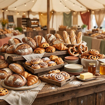 Abundant display of fresh baked bread and pastries on a wooden table at a brunch buffet