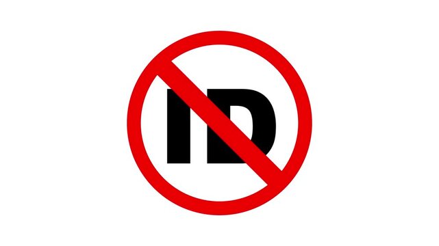 ID not allowed sign animation ,identification card not allowed warning sign animation,ID restricted area warning animation,A circular red and black no id text icon animation.
