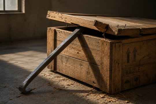 Steel pry bar opening wooden shipping crate lid, tools and construction concept