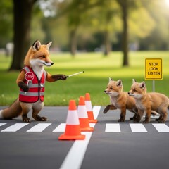 Naklejka premium Adult fox acting as crossing guard teaching kits road safety at a crosswalk with traffic cones. Concept of child education and traffic rules.