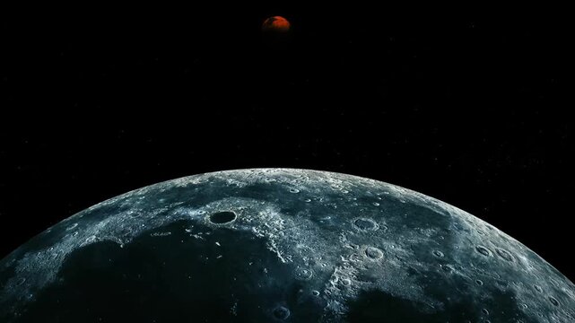 Cratered moon surface in the foreground with a small red planet above against a dark starry space background.