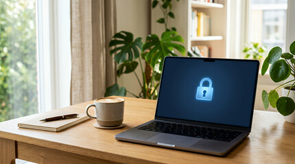 Fototapeta premium Secure Remote Work Connection on Laptop in Bright Home Office