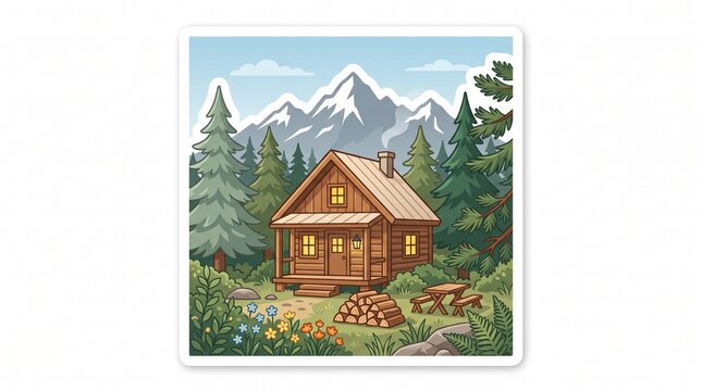 Mountain Log Cabin in Pine Forest Camping Sticker