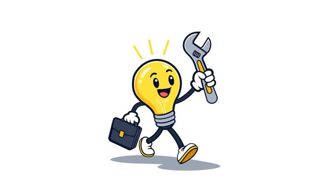 Cute light bulb mascot carrying a briefcase and wrench, symbolizing bright ideas, creative solutions, innovation, technical repair, handyman work, and smart business services vector icon.