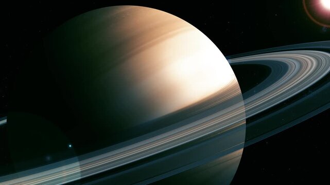 Ringed planet floating in deep space with a glowing sunlit surface and wide rings