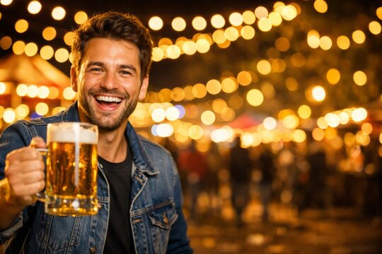 Man holding a beer mug and toasting at an outdoor festival with warm string lights for celebration banner and nightlife event design