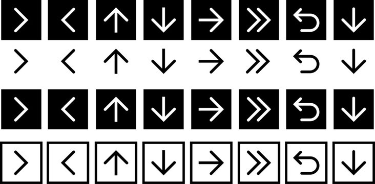 Black and white arrow icon set with different styles including square backgrounds and outline frames for navigation.
