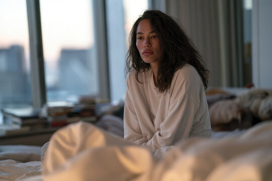 A young woman in a white bathrobe sits on her bed, with a reflective expression that suggests deep thoughts, set in a cozy bedroom filled with soft light and serene ambiance.