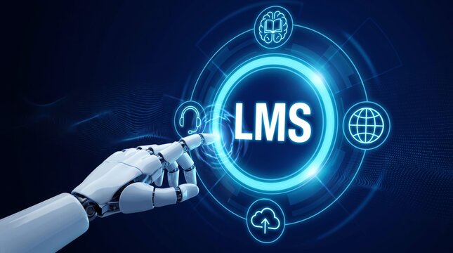 Robotic hand touches a glowing blue digital button displaying lms text featuring educational icons on a dark screen interface