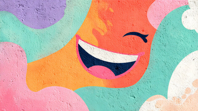 Happy smiling face with a wink on a colorful abstract pastel background
