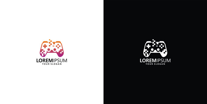 Modern video game controller logo concept design with pixel effect for esports and digital entertainment brands featuring colorful and white versions